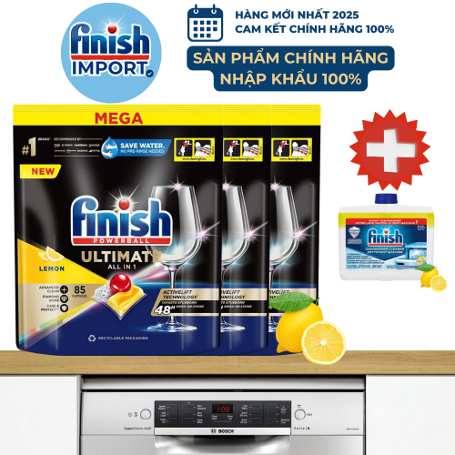 Combo 3 túi 85 viên Finish Ultimate All in 1 2024 hương chanh, 16 tính năng cao cấp, dùng cho máy rửa chén 13-15 bộ